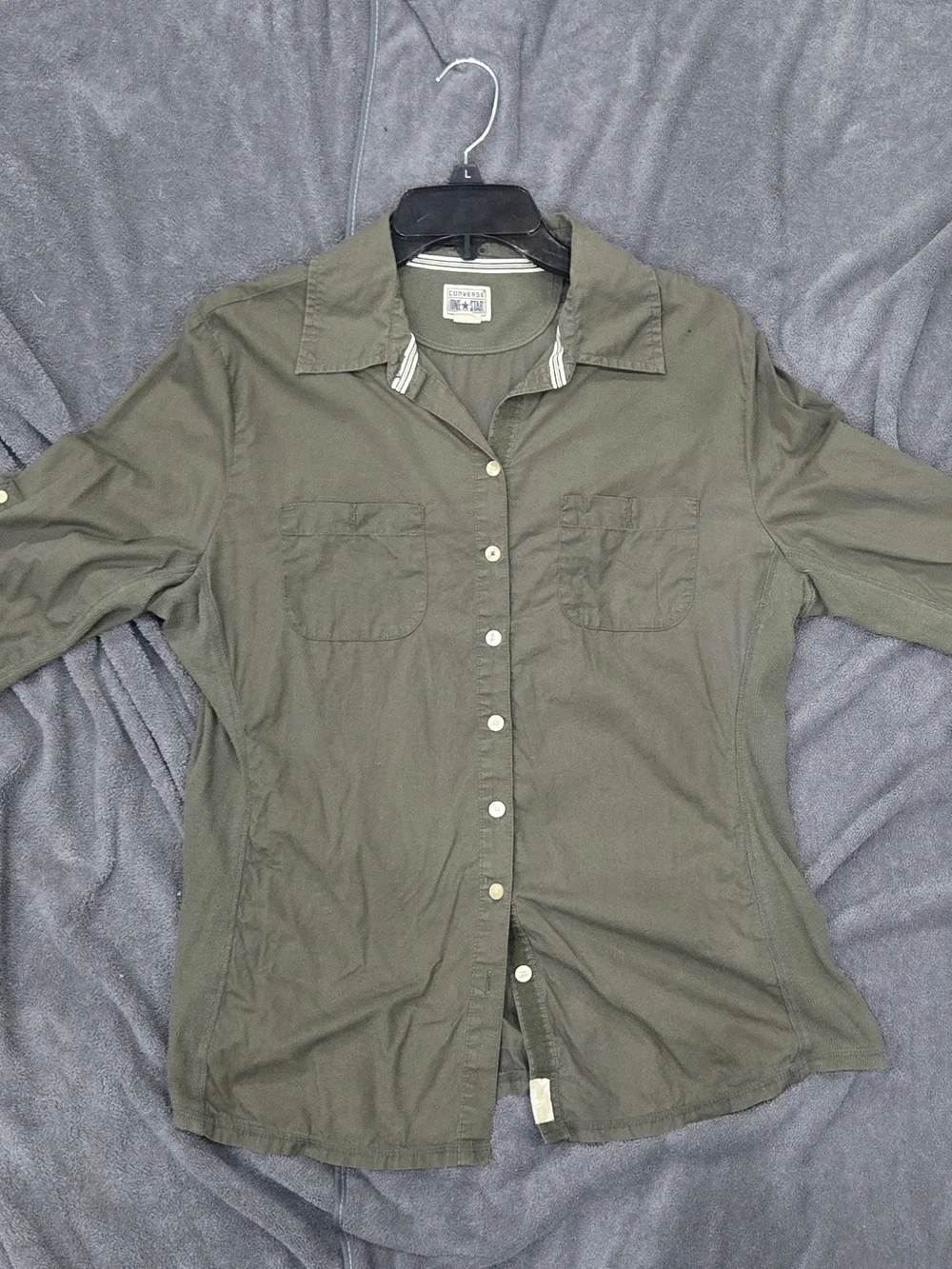 Converse One Star Olive Green Utility Button Up Shirt Roll Tab Sleeve XL